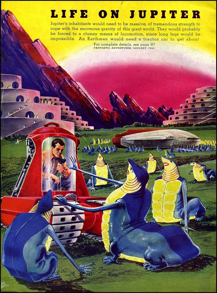 Frank R. Paul'n visio Jupiterin asuttamisesta vuodelta 1940. Mies futuristisessa peltokoneessa pellolla avaruusolentojen ympäröimänä. Taustalla futuristisia asutuksia ja avaruusraketti.